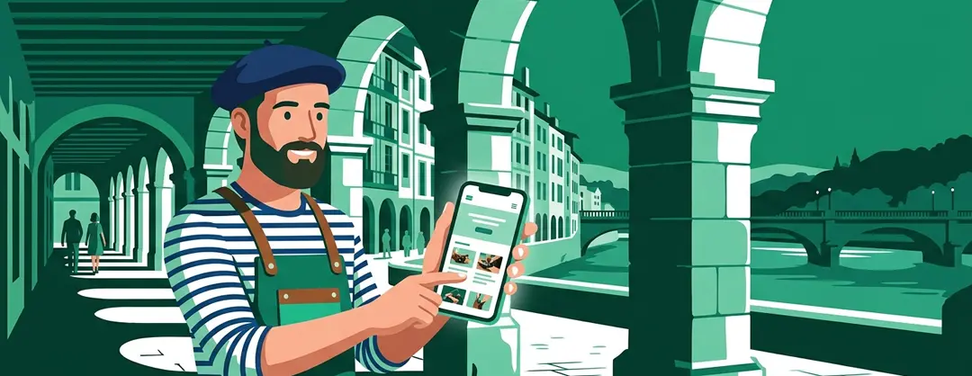 Illustration d'un artisan bayonnais avec son site web professionnel sur mobile et desktop