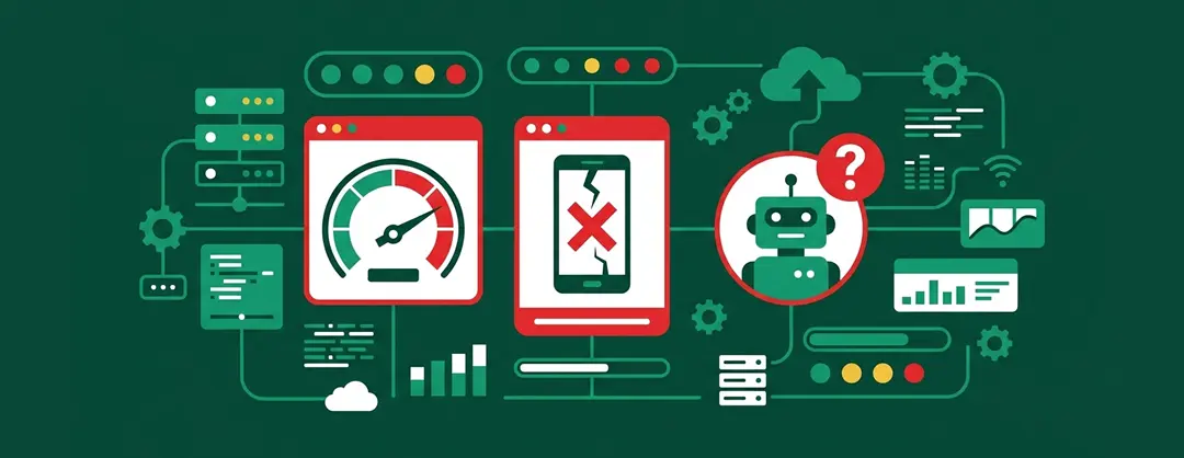 Illustration du diagnostic d'un site web existant — signaux d'alarme PageSpeed, mobile et visibilité IA