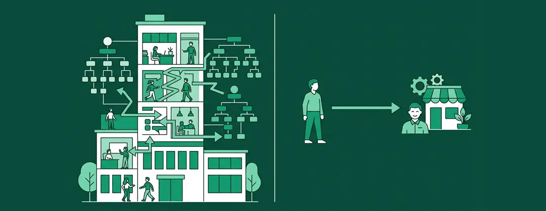 Illustration comparant une agence web nationale et un expert web indépendant local pour une TPE