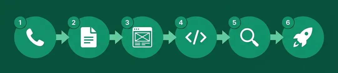Les 6 étapes du processus de création de site web : contact, devis, maquettes, développement, recette, livraison