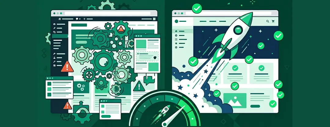 Comparatif illustré entre un site WordPress lent et un site sur-mesure rapide avec Core Web Vitals au vert