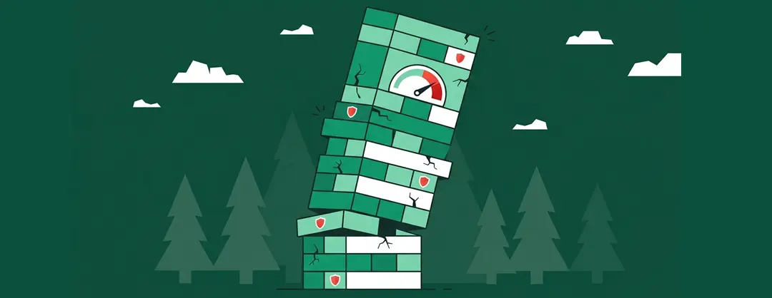 Illustration d'une tour de plugins WordPress instable avec indicateurs de lenteur et failles de sécurité